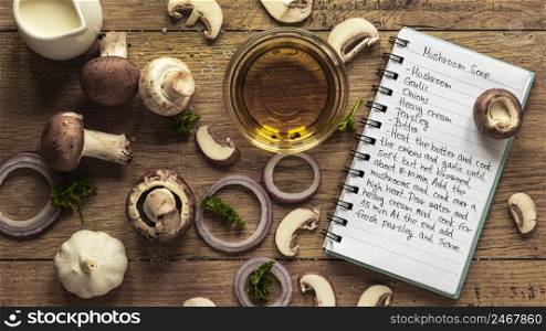 top view food ingredients with mushroom oil