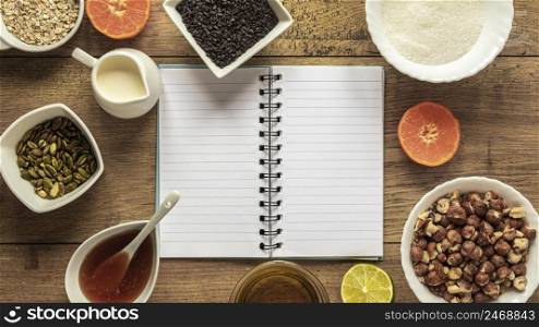 top view food ingredients with notebook