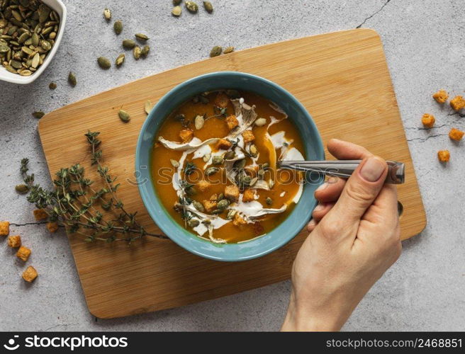 top view food ingredients with vegetable soup bowl