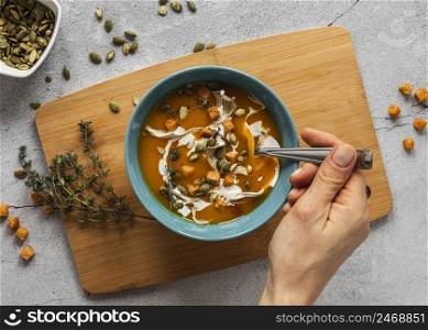 top view food ingredients with vegetable soup bowl