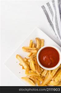 top view french fries plate with ketchup copy space