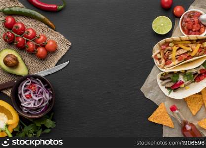 top view fresh mexican food with nachos. High resolution photo. top view fresh mexican food with nachos. High quality photo