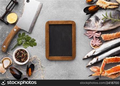 top view fresh mix seafood table