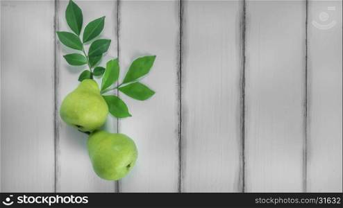 top view fresh pears on the wooden background, Free space for text
