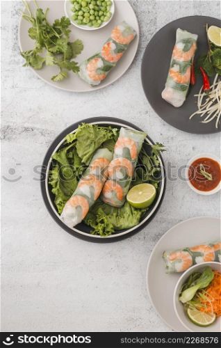 top view fresh shrimp rolls with salad sauce