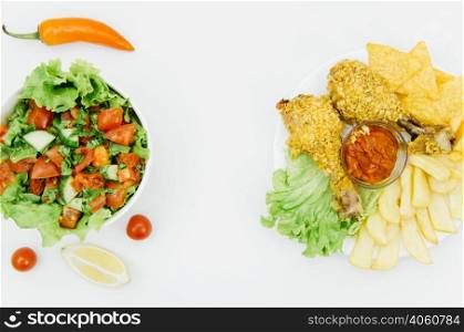 top view fried chicken vs salad