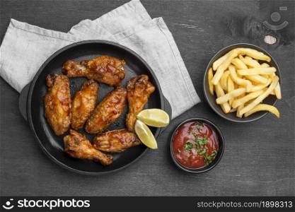 top view fried chicken with sauce french fries. Resolution and high quality beautiful photo. top view fried chicken with sauce french fries. High quality beautiful photo concept