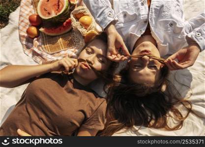 top view friends relaxing while having picnic