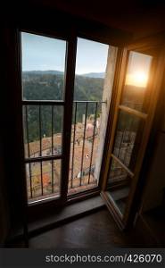 Top view from the window to the old famous town of tuff Sorano, province of Siena. Tuscany, Italy