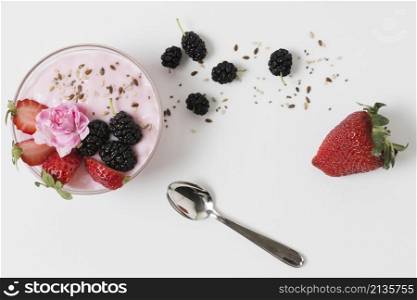 top view fruit yoghurt with rose