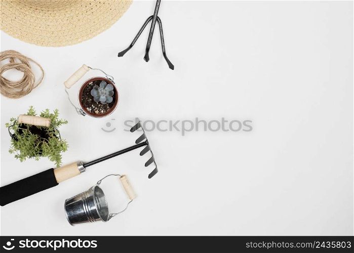 top view gardening tools with copy space
