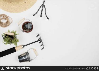 top view gardening tools with copy space