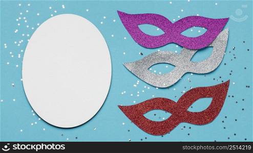 top view glittery carnival masks with copy space
