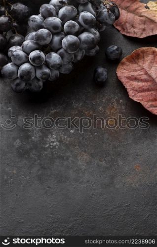 top view grapes leaves copy space