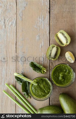 top view green smoothies with copy space
