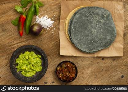 top view guacamole salsa tortilla