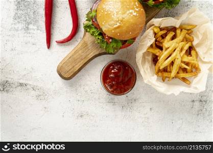 top view hamburger with french fries