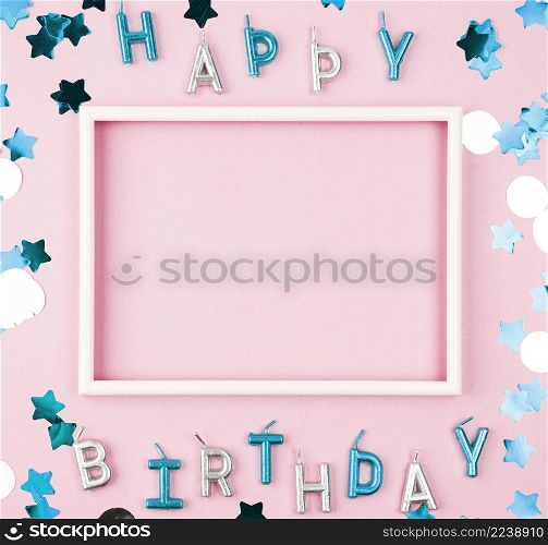 top view happy birthday candles with frame