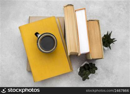 top view hardback books desk with coffee succulents