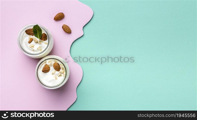 top view healthy breakfast meal with yogurt arrangement. High resolution photo. top view healthy breakfast meal with yogurt arrangement. High quality photo