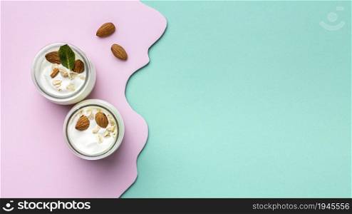 top view healthy breakfast meal with yogurt arrangement. High resolution photo. top view healthy breakfast meal with yogurt arrangement. High quality photo