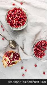 top view healthy breakfast with pomegranate seeds. Resolution and high quality beautiful photo. top view healthy breakfast with pomegranate seeds. High quality and resolution beautiful photo concept