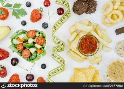 top view healthy food vs unhealthy food