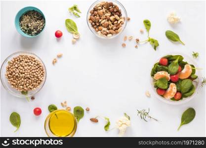 top view healthy ingredients bowls white background with blank space text. High resolution photo. top view healthy ingredients bowls white background with blank space text. High quality photo