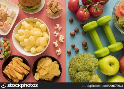 top view healthy unhealthy food