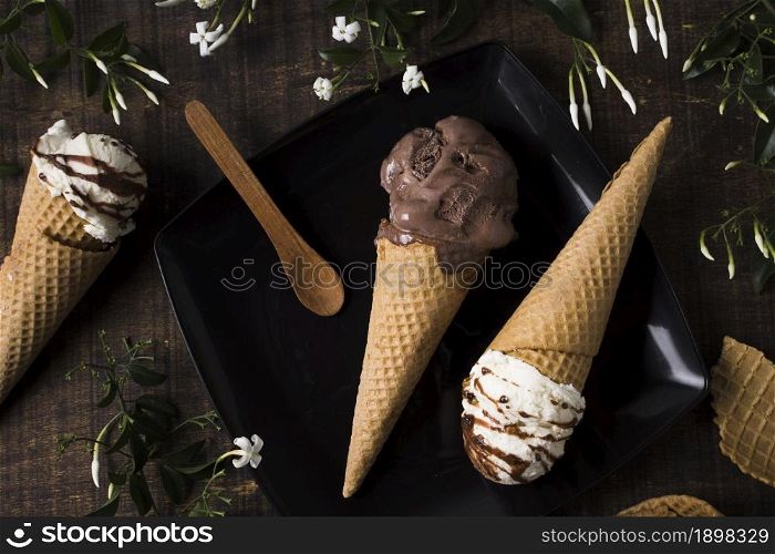 top view homemade ice cream cones with chocolate. Resolution and high quality beautiful photo. top view homemade ice cream cones with chocolate. High quality beautiful photo concept