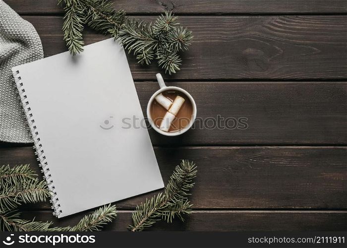 top view hot chocolate with blank notebook copy space