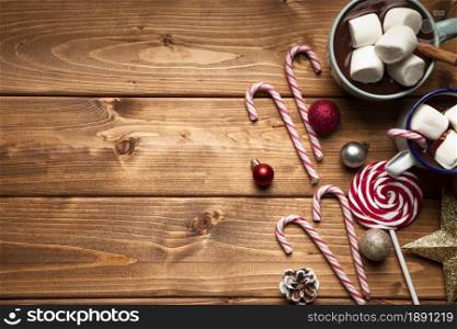 top view hot chocolate with candy. Resolution and high quality beautiful photo. top view hot chocolate with candy. High quality and resolution beautiful photo concept