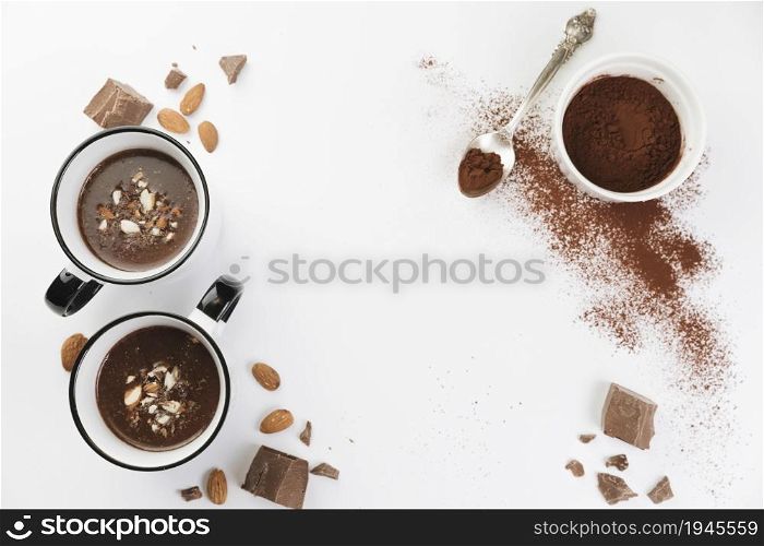 top view hot chocolate with nuts cocoa powder. High resolution photo. top view hot chocolate with nuts cocoa powder. High quality photo