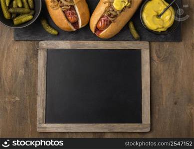 top view hot dogs blackboard