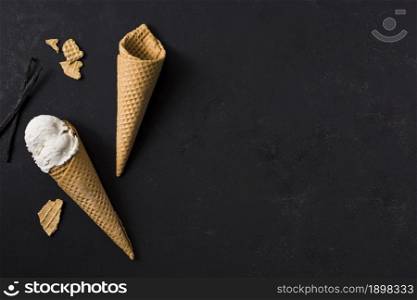 top view ice cream cones with copy space. Resolution and high quality beautiful photo. top view ice cream cones with copy space. High quality beautiful photo concept