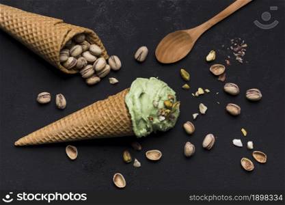top view ice cream cones with pistachio. Resolution and high quality beautiful photo. top view ice cream cones with pistachio. High quality beautiful photo concept