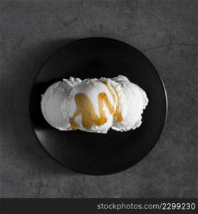 top view ice cream with caramel topping