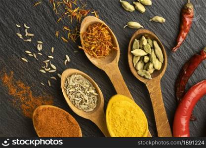 top view indian spices with wooden spoons 1. Resolution and high quality beautiful photo. top view indian spices with wooden spoons 1. High quality and resolution beautiful photo concept