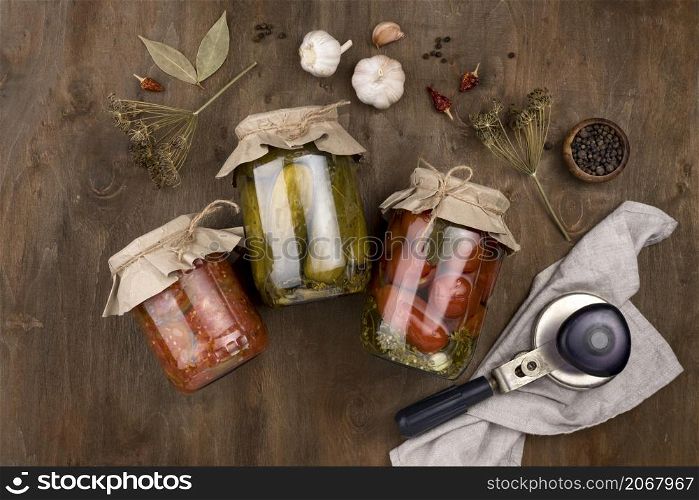 top view jars with preserved vegetables