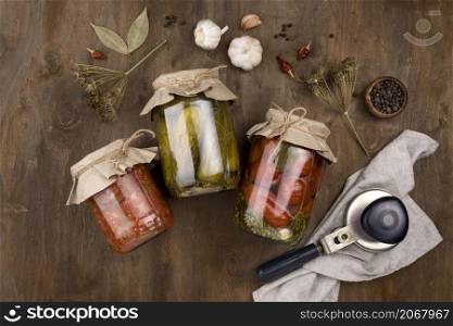 top view jars with preserved vegetables