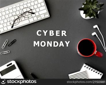 top view keyboard with coffee glasses cyber monday