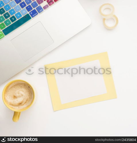 top view laptop with note mock up