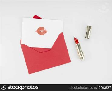top view letter with lipstick mark