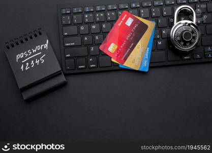 top view lock with credit cards password. High resolution photo. top view lock with credit cards password. High quality photo