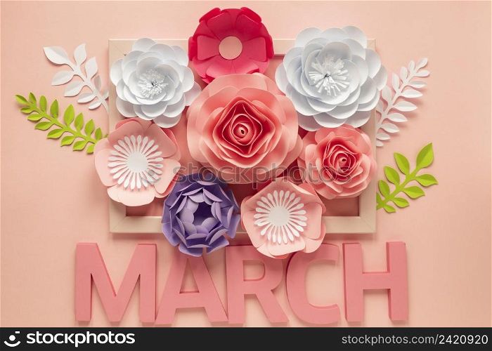 top view lots paper flowers with month women s day