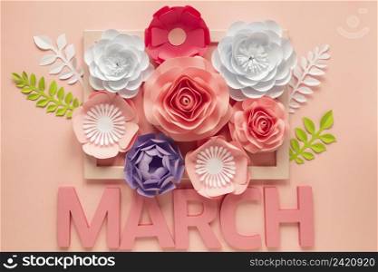 top view lots paper flowers with month women s day