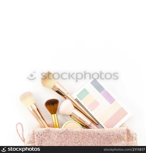 top view make up brushes toilet bag
