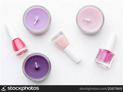 top view manicure products with candles