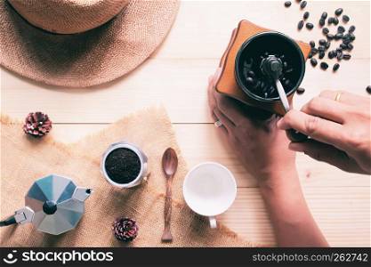 Top view, manual coffee grinder, Coffee lover