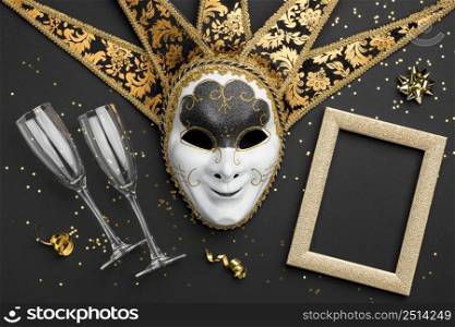 top view mask carnival with frame champagne glasses 2